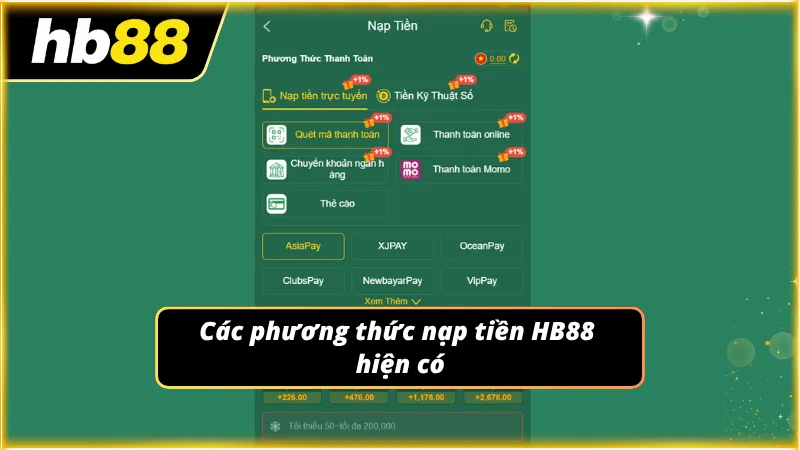 Giao diện nạp tiền của nhà cái có đầy đủ các phương thức nạp tiền phổ biến