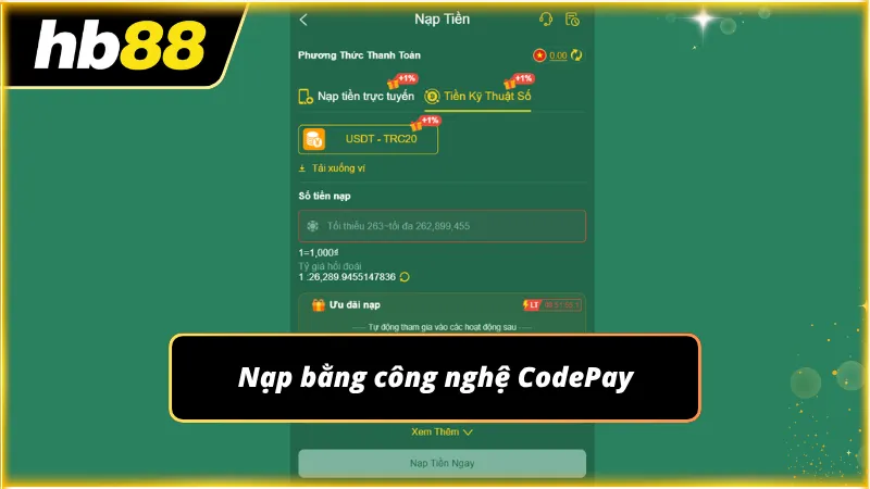 Tính năng nạp bằng CodePay được nhà cái áp dụng vào hệ thống các phương thức nạp