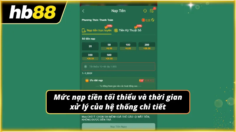 Bảng thống kê mức nạp tối thiểu của từng phương thức và thời gian cấp vốn vào tài khoản